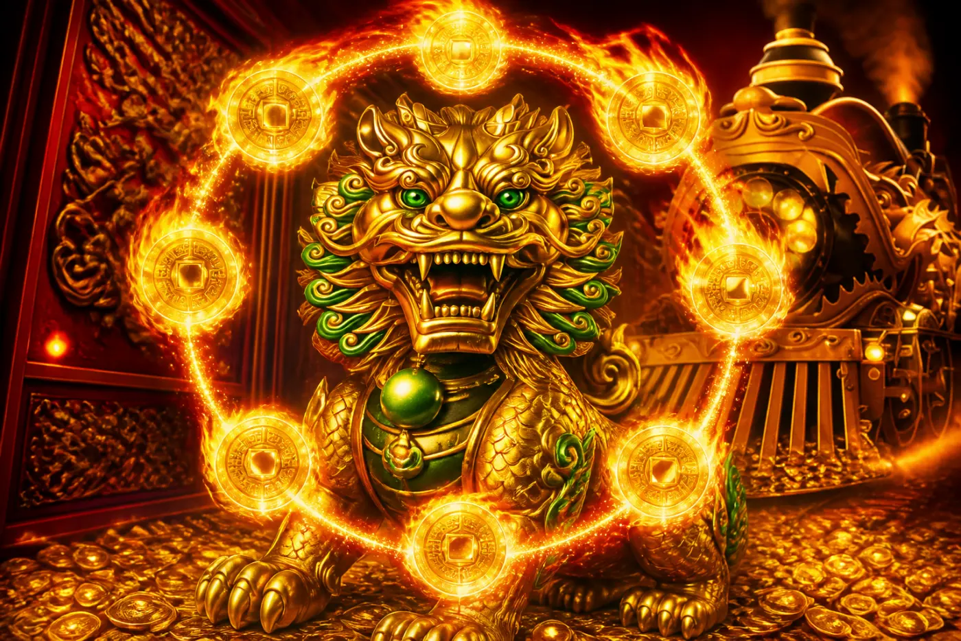 Fortune 8 on Dragon Train, golden Chi Lin, flaming coins and locomotive