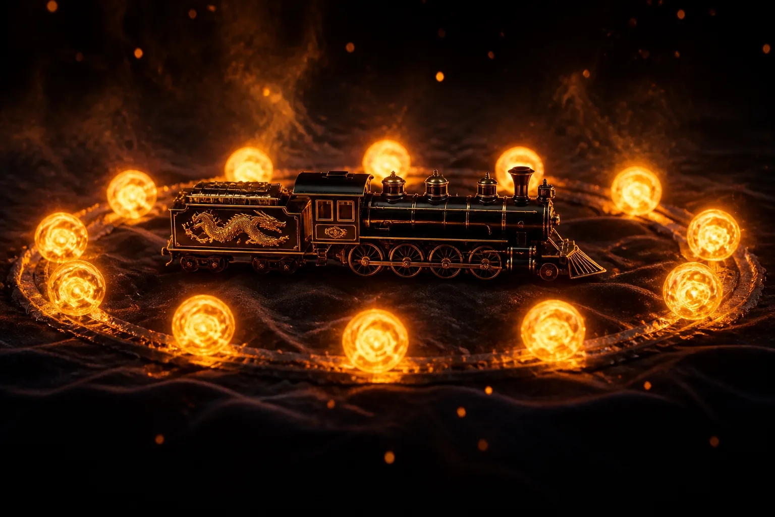 Dragon Train Feature, golden locomotive on Dual Screen glass, landscape
