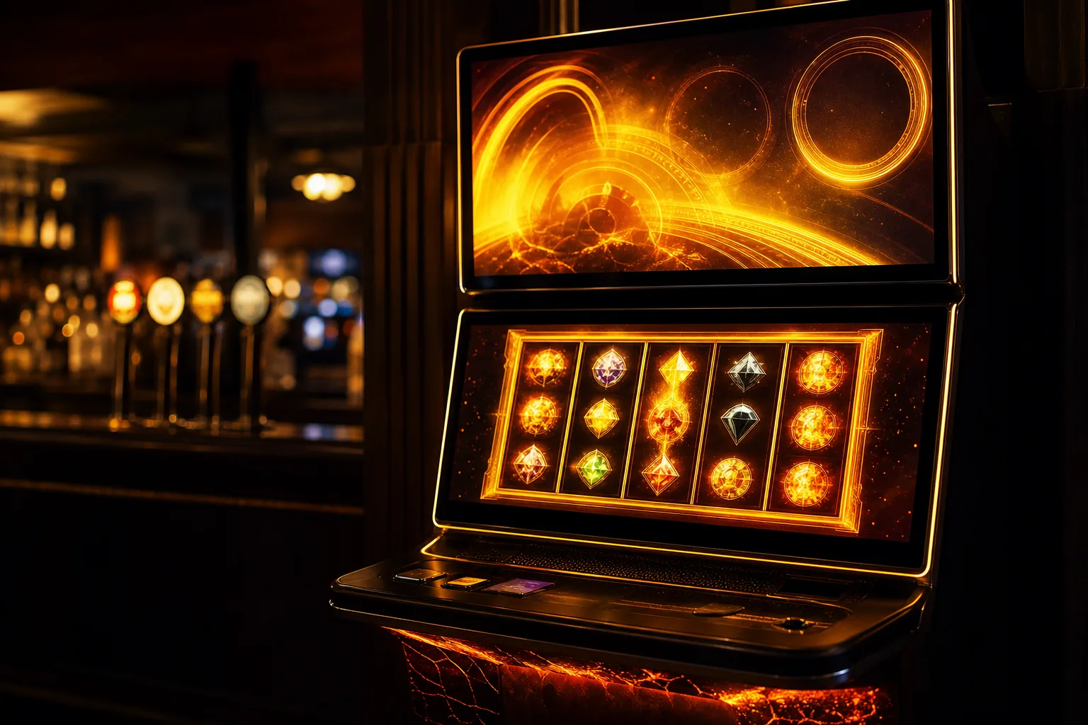 Dual Screen Dragon Train cabinet in a dark pub, two stacked glasses