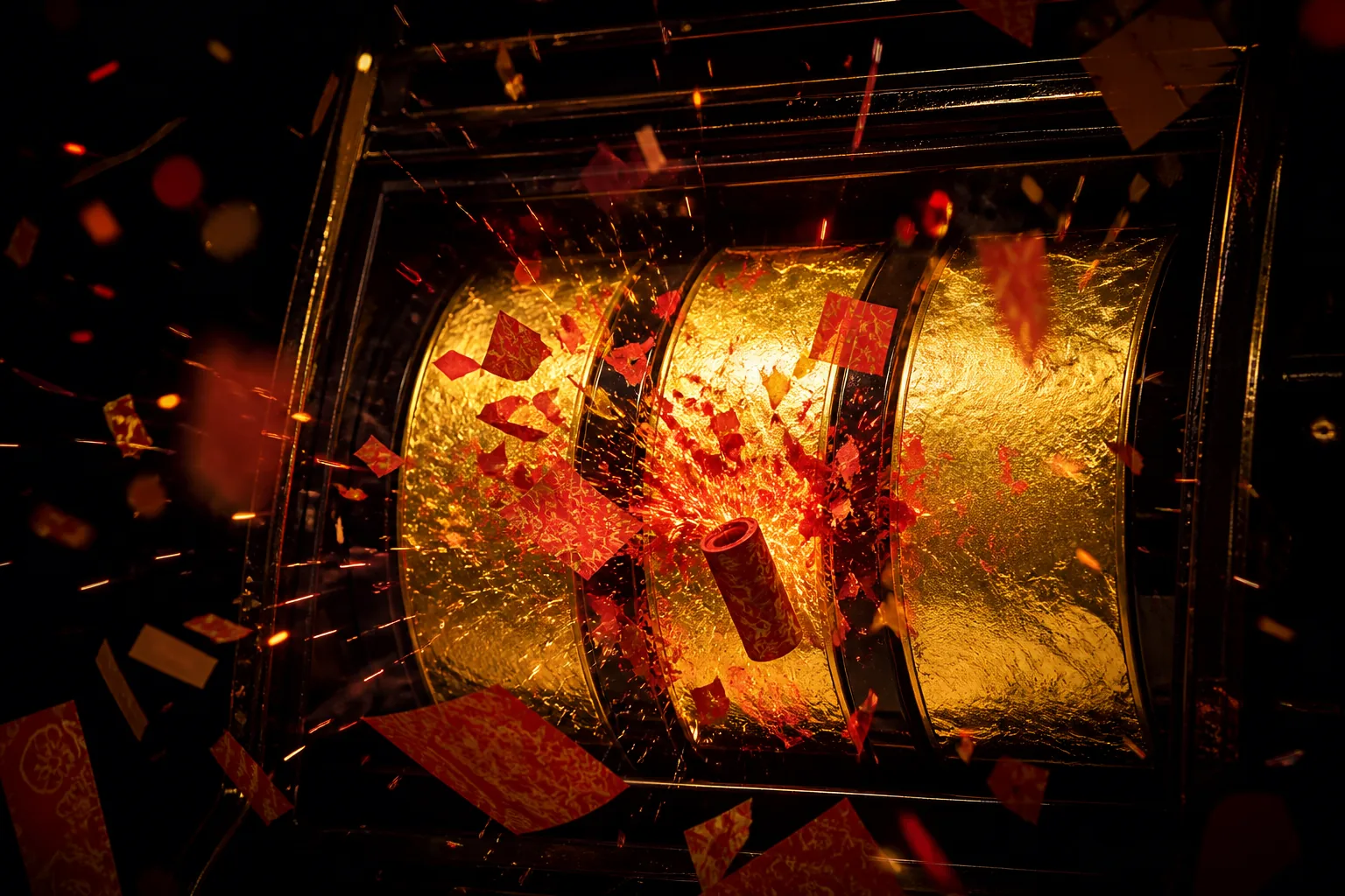 Firecracker burst across sticky centre reels on a dark pokie