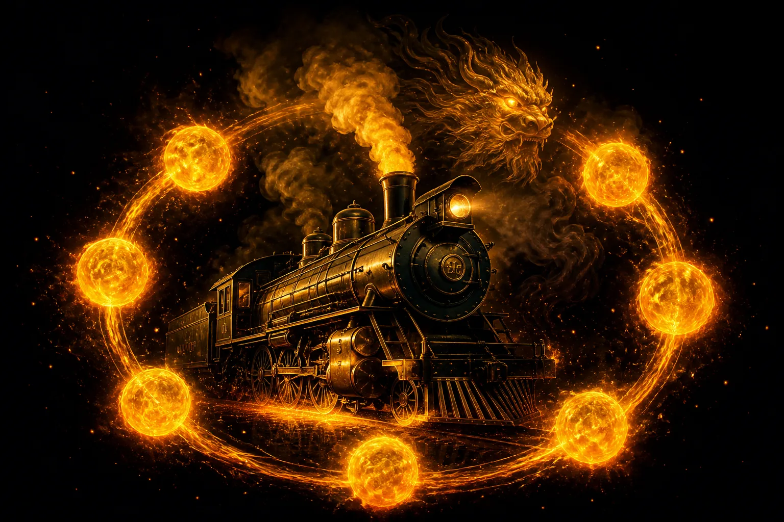 Eight fireballs around a black and gold locomotive in the dark
