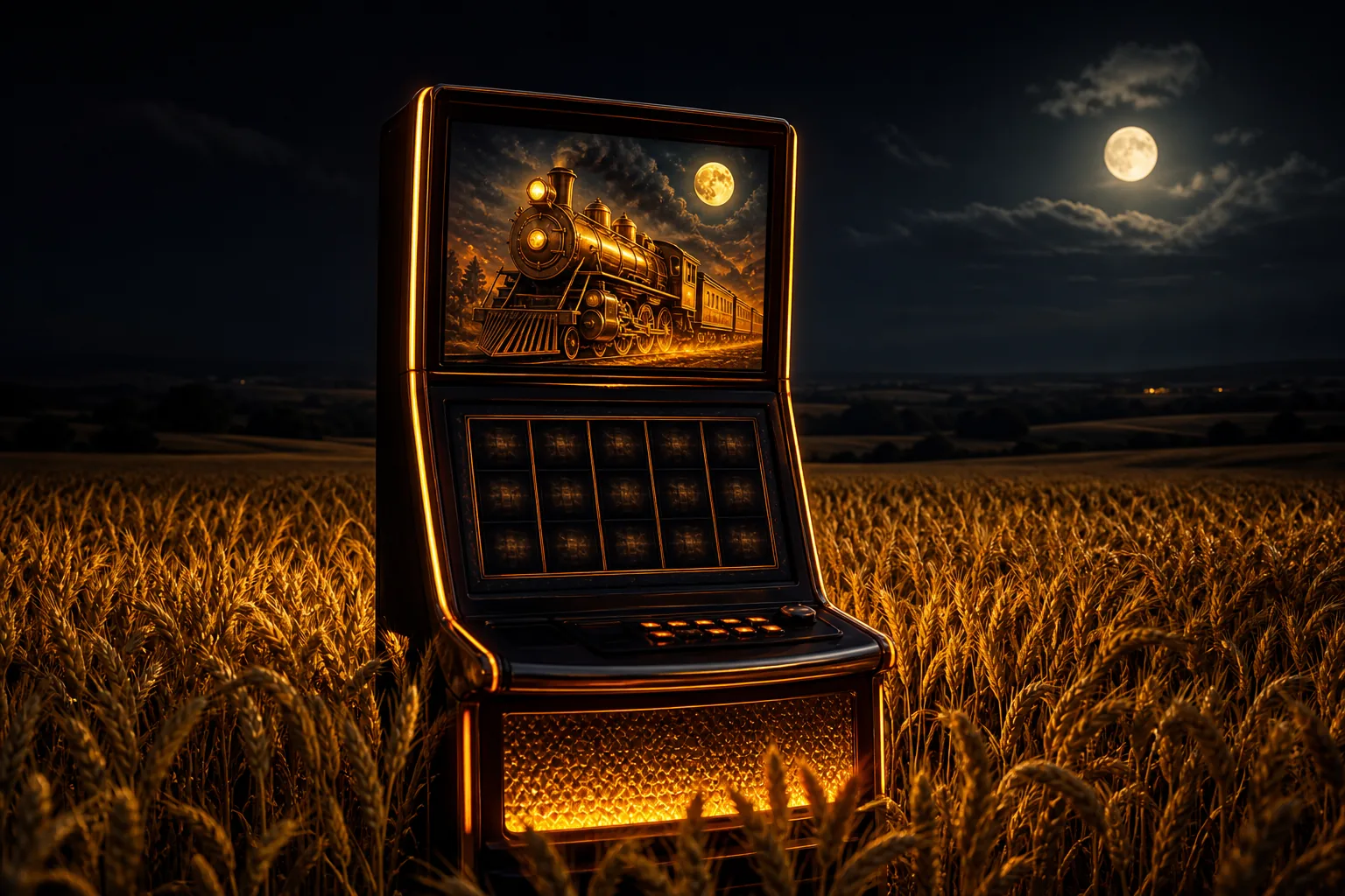 Harvest Dual Screen cabinet in a night wheat field, golden locomotive on the top glass