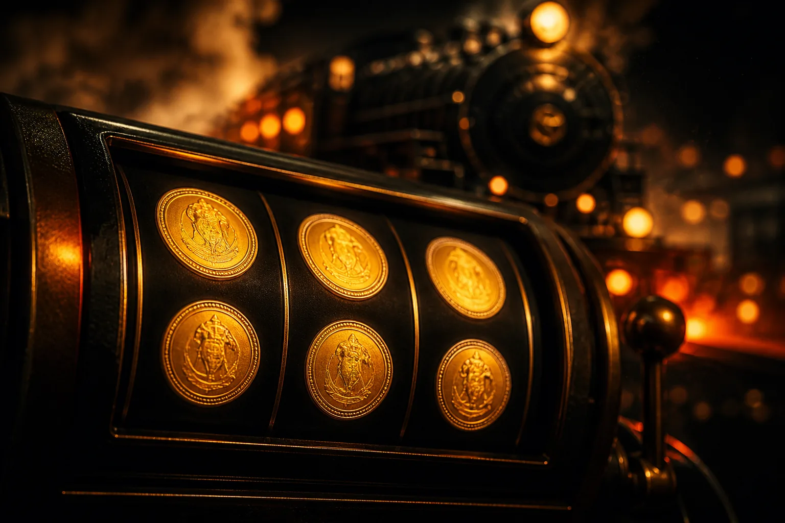 Six gold orbs locked on a dark 5 by 3 reel felt