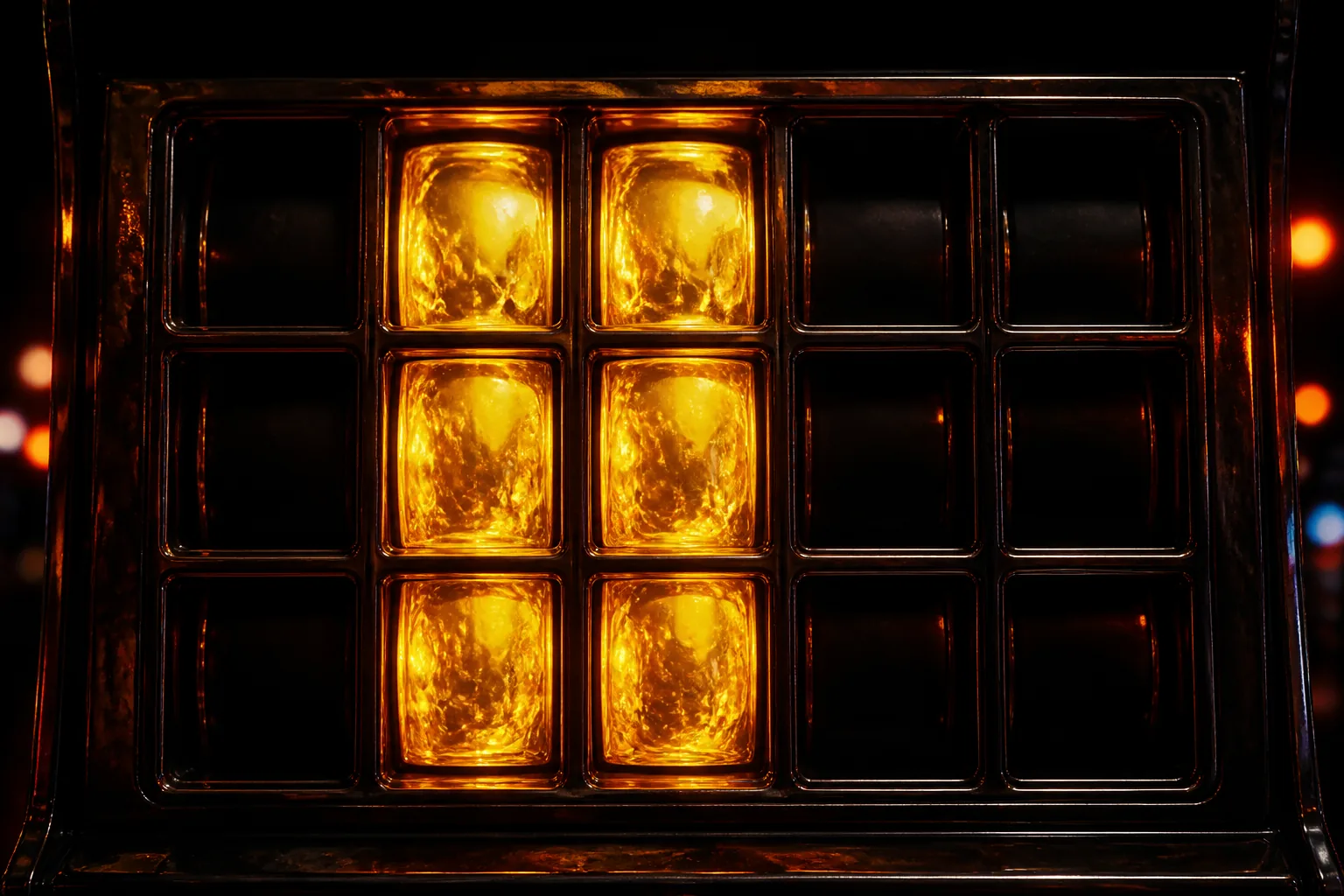 Two full sticky reel columns glowing gold on a dark 5 by 3 window