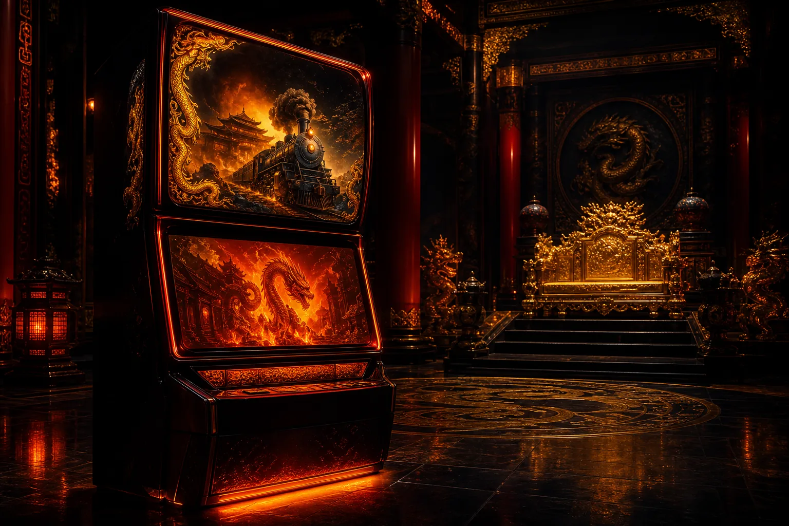 Imperial Dual Screen cabinet in a dark throne hall
